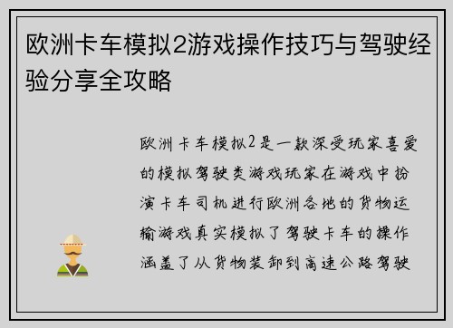 欧洲卡车模拟2游戏操作技巧与驾驶经验分享全攻略 欧洲卡车模拟2游戏操作技巧与驾驶经验分享全攻略