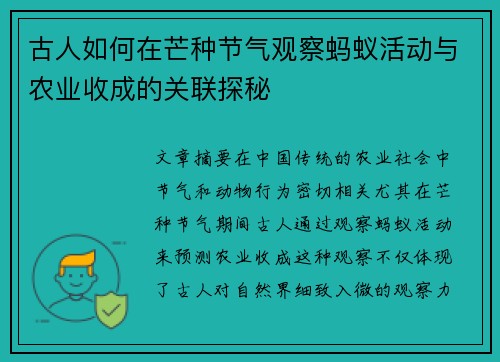 古人如何在芒种节气观察蚂蚁活动与农业收成的关联探秘